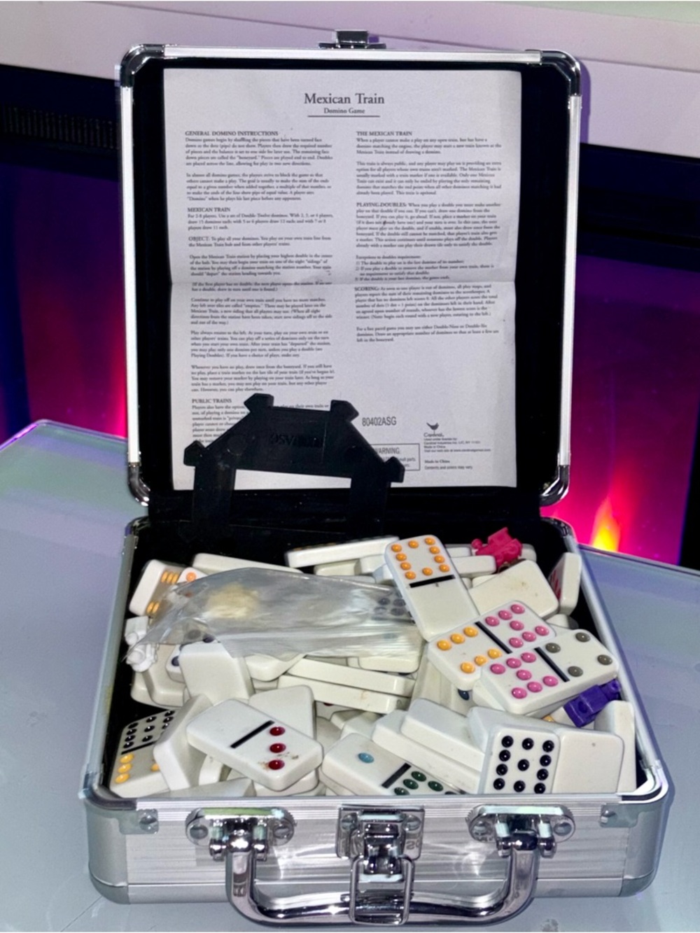 Mexican Train Domino Set with Metal Case - White Tiles with Colored Dots - Picture 4 of 4